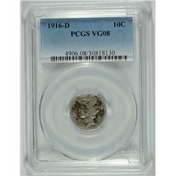 1916-D  MERCURY DIME, PCGS VG-08  NICE ORIGINAL TONING
