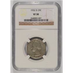 1932-D WASHINGTON QUARTER, NGC VF-30  KEY COIN