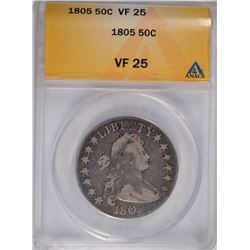 1805 DRAPED BUST HALF DOLLAR, ANACS VF-25  NICE ORIGINAL EXAMPLE!