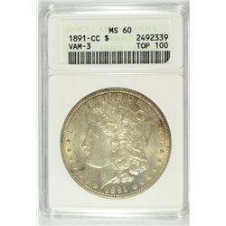 1891-CC MORGAN DOLLAR, ANACS MS-60 "SPITTING EAGLE" VERY NICE COIN!!