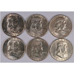 (6) AU/BU FRANKLIN HALF DOLLARS, SOME BETTER DATES 48-D, 49, 49-D, 2-53-D & 1-57