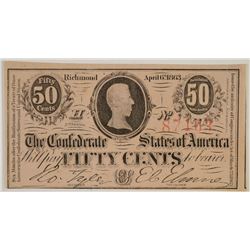 1863 FIFTY CENT CONFEDERATE STATES OF AMERICA NOTE