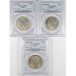 SET OF 1938 P,D,S ARKANSAS COMMEN HALF DOLLAR'S PCGS MS-65'S