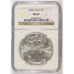 2008 AMERICAN SILVER EAGLE, NGC MS-69