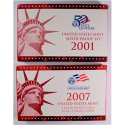 2001 SILVER PF SET & 2007 (10) OF (14) PROOF COIN SET WITH ( 7 ) SILVER PF COINS