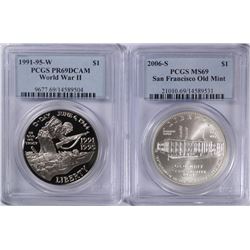 COMMEM SILVER DOLLARS: 1993 WWII, PCGS PR-69 DCAM & 06 S.F. OLD MINT PCGS MS-69