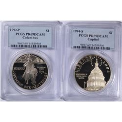 1992 COLUMBUS & 1994-S CAPITOL COMMEM SILVER DOLLARS BOTH PCGS PR-69 DCAM