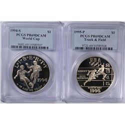 1994-S WORLD CUP & 95 TRACK &  FIELD COMMEM SILVER DOLLARS BOTH PCGS PR-69 DCAM