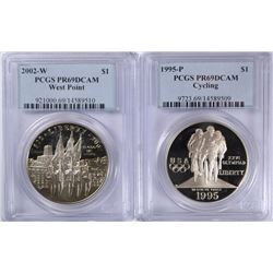 1995 CYCLING & 2002-W WEST POINT COMMEM SILVER DOLLARS:  BOTH PCGS PR-69 DCAM