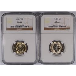 1945 P&S JEFFERSON NICKELS, NGC MS-66
