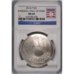 2014 BASEBALL HALL OF FAME SILVER DOLLAR, NGC MS-69