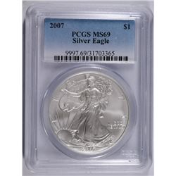 2007 AMERICAN SILVER EAGLE, PCGS MS-69