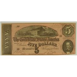 1864 $5 CONFEDERATE STATES OF AMERICA NOTE