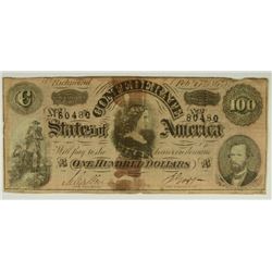 1864 $100 CONFEDERATE STATES OF AMERICA NOTE
