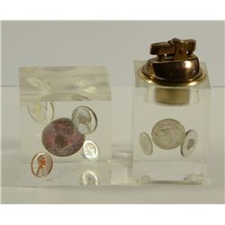LIGHTER AND LUCITE CUBE IMBEDDED WITH $1.20 FACE VALUE  SILVER COINS
