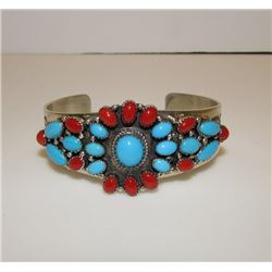 Navajo Sterling Coral Turquoise Bracelet