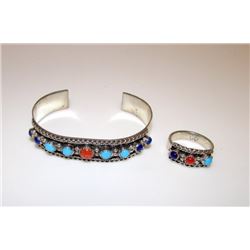 Navajo Sterling Lapis Turquoise Coral Bracelet Ring Set