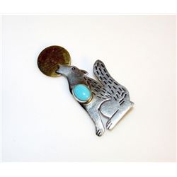 Native American Sterling Turquoise Wolf Coyote Brooch