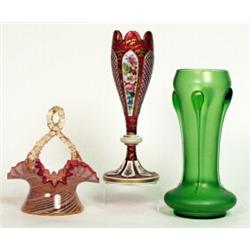 A Loetz style green tinted and lustred glass vase, circa 1900, of slight flared baluster form, ap...