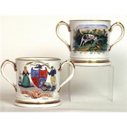 A pair of Staffordshire porcelain loving cups, circa 1870, printed and enamelled with The Farmers...