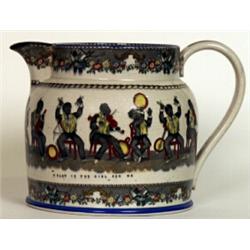 A large Staffordshire pottery jug, circa 1835, of slightly bulbous form, printed and enamelled wi...