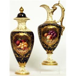 A Coalport porcelain vase and cover, signed H. Chivers, circa 1910, enamelled with fruit on a mos...