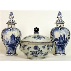 A Chinese blue and white two handled tureen and cover, Qianlung 1735-99, painted with chrysanthem...