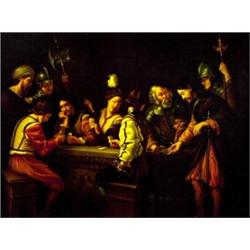 J.M. Embling. The game of cards, Renaissance soldiers and other figures surrounding a carved saco...