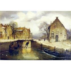 20th Century Continental School. Winter town scene with figure skating on the river, on panel, 28...