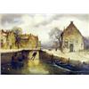 Image 1 : 20th Century Continental School. Winter town scene with figure skating on the river, on panel, 28...