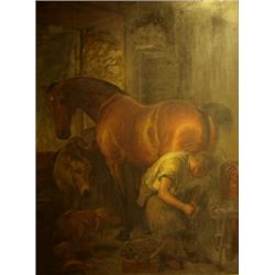 After Landseer. Shoeing, study of a blacksmith's shop, on canvas, 141cm x 110.5cm, 55 1/2 inches...