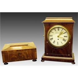 An early Victorian mahogany and mother of pearl strung mantel clock, circa 1840, the concave moul...