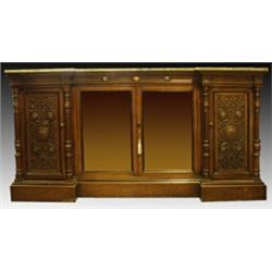 A Victorian mahogany, walnut and ebonised breakfront glazed sideboard, circa 1880, in Neo Renaiss...