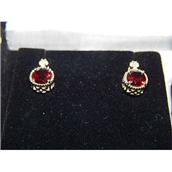 EARRINGS - NEW GARNET & DIAMOND EARINGS - SET IN STERLING SILVER - FILIGREE DESIGN - PIERCED