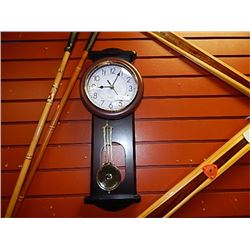 WOOD PENDULUM WALL CLOCK - CHROME RING AROUND FACE