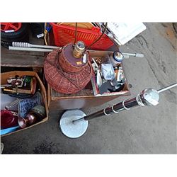 CHROME  TOWEL STAND, 2 ADJUSTABLE CURTAIN RODS & BOX OF ASSORTE HARDWARE AND PROP
