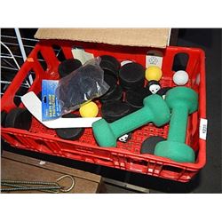 TRAY OF PUCKS AND HAND WEIGHTS