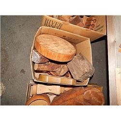 BOX OF ASSORTED WOOD PIECES FOR CRAFTING OR ?