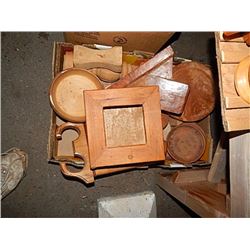 BOX OF ASSORTED WOOD PIECES FOR CRAFTING OR ?