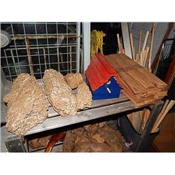 BIRD HOUSE AND ASSORTED WOOD PIECES ON TOP SHELF NOT WEDGES