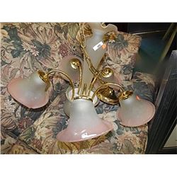 CHANDELEIR - WITH FROSTED AND PINK ACCENTED TULIP SHAPED SHADES