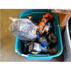 BIN OF CORDLESS DRILLS, BATTERIES AND CHARGERS