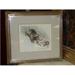 FRAMED LIMITED EDITION PRINT - WOLVERINE AND FOX - ROBERT BATEMAN (ONE OF BATEMAN'S EARLIER WORKS - 