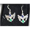 Image 1 : EARRINGS - NEW CUSTOM DESIGN - EMERALDS (2) & SAPPHIRES (2) - BUTTERFLY DESIGN - IN STERLING SILVER 