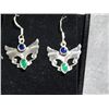 Image 2 : EARRINGS - NEW CUSTOM DESIGN - EMERALDS (2) & SAPPHIRES (2) - BUTTERFLY DESIGN - IN STERLING SILVER 