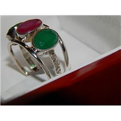 RING - RUBY AND EMERALD 3 STONES SET IN STERLING SILVER