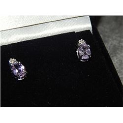EARRINGS - NEW AMETHYST STUDS - SET WITH DIAMONDS IN STERLING SILVER - INCLUDES CERTIFICATE - $350