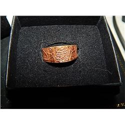 HAND CRAFTED AN CARVED ADJUSTABLE COPPER RING - FIRST NATIONS - SUN & EAGLE - ARTIST SIGNED