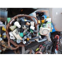 BASKET & BOX OF ASSORTED WATER CONNECTORS, UNDER GROUND SPRINKLER HEADS, FITTINGS AND MORE