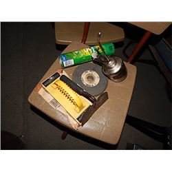 LOT OF MISC - OIL CAN, GRINDING STONE, CAN OF RAID AND MORE